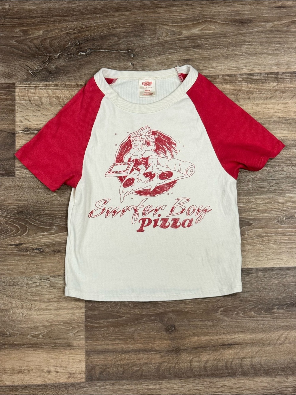 Pacsun Stranger Things Surfer Boy Pizza Ringer Tee Shirt Women’s Medium